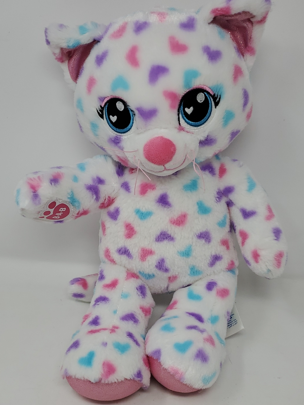 Build-A-Bear White Kitty with Pink, Blue & Purple Hearts
